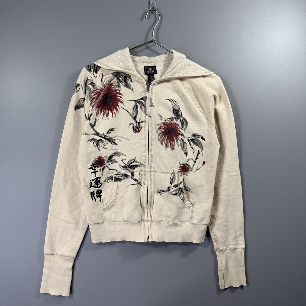 Y2K Lucky Brand Hoodie Womens Small White Floral Full Zip Fleece Sweatshirt